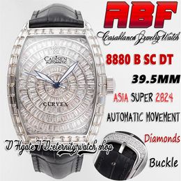 ABF Cintree Curvex abf8880 C D ETA A2824 Montre automatique pour homme Baguette pavée de diamants Boîtier glacé Cadran diamant Cuir noir Str258D