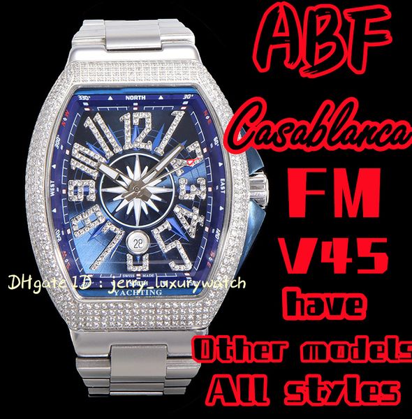 ABF / FM Vanguard Yachting V45, 44x54mm Verre Saphir ETA2824 Mouvement mécanique, bracelet en caoutchouc premium, ceinture en acier version incrustée de diamants blue one