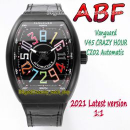 ABF New Crazy Hour Vanguard CZ02 Automatique mécanique 3D Art Déco Arabe Dial V45 Mens Watch Pvd Black Steel Case Cuir Eternity Watc 250p