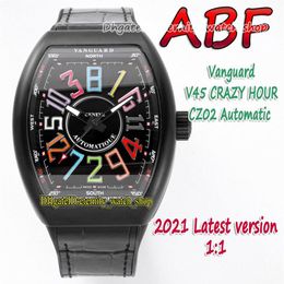 ABF Nieuwe Crazy Hour Vanguard CZ02 Automatische Mechanische 3D Art Deco Arabische Wijzerplaat V45 Herenhorloge PVD Zwart Stalen Kast Leer eternity2492