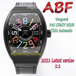 ABF New Crazy Hour Vanguard CZ02 Automatique Mécanique 3D Art Déco Cadran Arabe V45 Montre Pour Homme PVD Boîtier En Acier Noir Cuir eternity259y