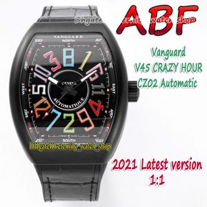 ABF New Crazy Hour Vanguard CZ02 Automatique mécanique 3D Art Déco Arabe Dial V45 Mens Watch Pvd Black Steel Case Cuir Eternity Watc 209W