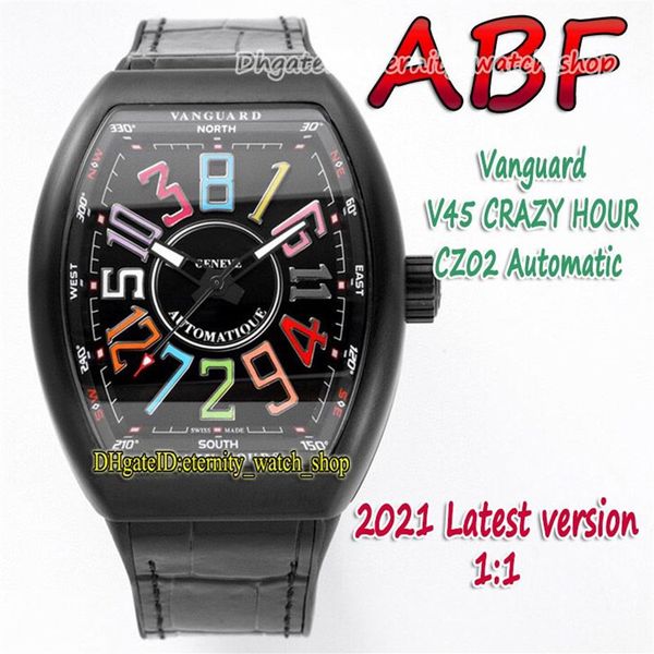 ABF New Crazy Hour Vanguard CZ02 Automatique mécanique 3D Art Déco Arabe Dial V45 Mens Watch Pvd Black Steel Case Cuir Eternity205V