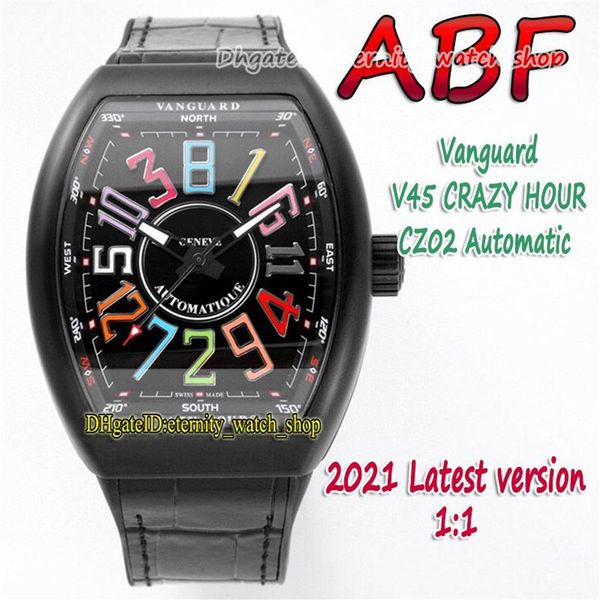 ABF New Crazy Hour Vanguard CZ02 Automatique mécanique 3D Art Déco Arabe Dial V45 Mens Watch PVD Black Steel Case Cuir Eternity2685