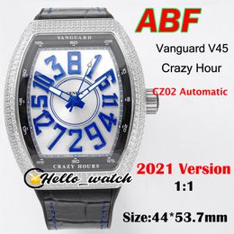 ABF Nieuwe Crazy Hour Vanguard V45 3D Art Deco Mark Blue Dial CZ02 Automatic Mens Horloge 316L Steel Diamond Case Lederen Black Inner Hallo_Watch