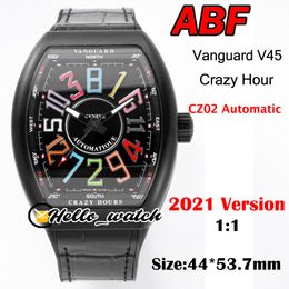 ABF Nieuwe Crazy Hour Vanguard V45 3D Art Deco Mark Dial CZ02 Automatic Mens Horloge PVD Black Steel Case Lederen Black Inner Horloges HELLO_WATCH