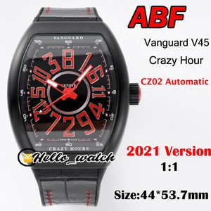 ABF Nieuwe Crazy Hour Vanguard V45 3D Rood Art Deco Mark Black Dial CZ02 Automatic Mens Horloge PVD Black Steel Case Lederen Sport Hallo_Watch