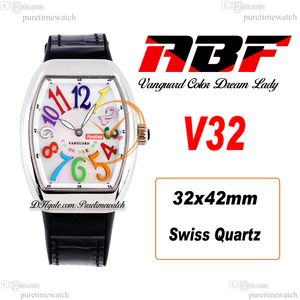 ABF V32 Vanguard Color Dream Zwitserse quartz chronograaf dameshorloge Dames MOP wijzerplaat grote nummermarkeringen zwart leer Lady Super Edition Reloj Hombre Puretime B2