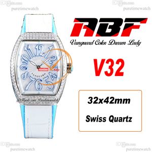 ABF V32 Vanguard Color Dream Zwitserse quartz chronograaf dameshorloge Dames diamanten kast MOP wijzerplaat Wit blauw leer Rubber Lady Super Edition Reloj Hombre Puretime