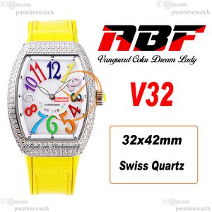 ABF V32 Vanguard Color Dream Zwitserse quartz chronograaf dameshorloge Dames diamanten kast MOP wijzerplaat groot nummer geel leer Lady Super Edition Reloj Hombre Puretime