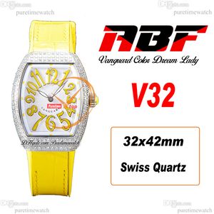 ABF V32 Vanguard Color Dream Montre à quartz suisse chronographe pour femme Boîtier en diamants Cadran MOP Bracelet en cuir jaune Lady Super Edition Reloj Hombre Puretime N14