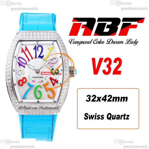 ABF V32 Vanguard Color Dream Montre à quartz suisse chronographe pour femme Boîtier en diamants Cadran MOP Grand chiffre Cuir bleu Lady Super Edition Reloj Hombre Puretime I9