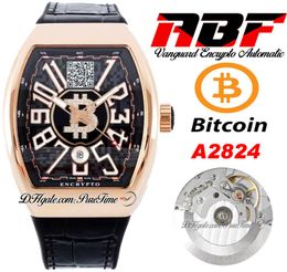 ABF Vanguard Encrypto V45 A2824 Reloj automático para hombre Esfera negra en oro rosa con dirección de billetera Bitcoins Número grande Correa de cuero Edición súper Puretime F02D4
