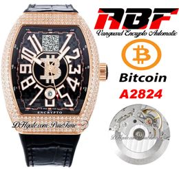 ABF Vanguard Encrypto V45 A2824 Automatische heren Watch Rose Gold Diamonds Case Black Dial met Bitcoins Wallet Address Leather Riem Super Edition Puretime F01B2