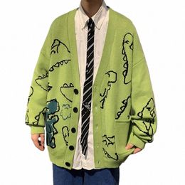 Abfer otoño de gran tamaño cardigan hombres de punto dinosaurio suéter streetwear suelto masculino mujeres abrigo 2021 doodle hip hop patrón invierno m0tl #