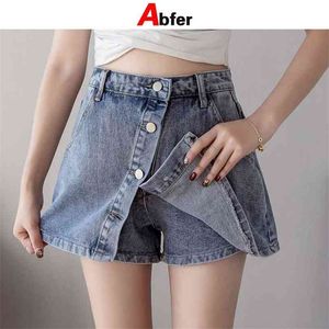 Abffer Plus Tamaño Portés De Denim De Las Mujeres Moda Coreana Cintura Alta Para Damas Botón Faldas Cortas Mujer Verano 210719