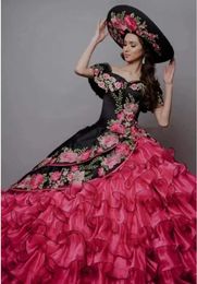 Abiti Da Cerimonia Vestidos De quinceañera mexicanos falda De Organza hinchada dulce 16 vestido apliques florales Vestidos De 15 anos