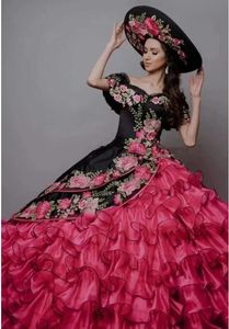 Abiti da Cerimonia Mexicaanse Quinceanera -jurken gezwollen organza rok zoet 16 jurk bloemen applique vestidos de 15 anos