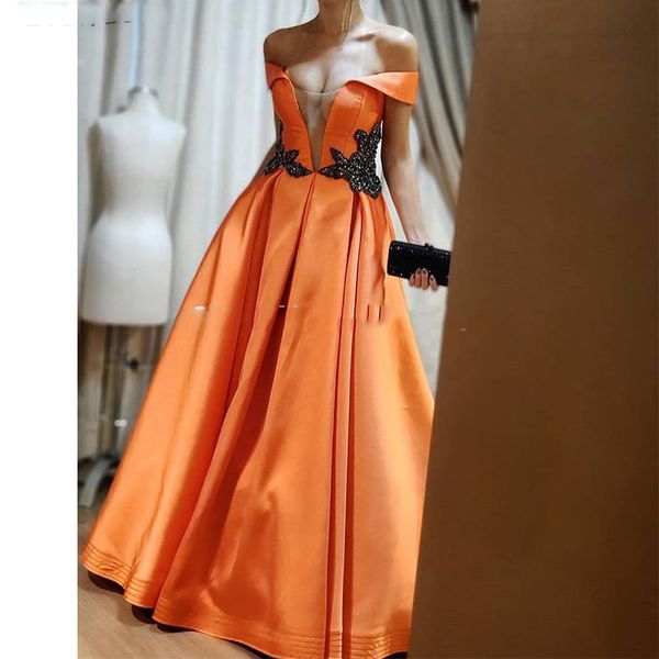 Abito da cerimonia satén fuera del hombro busto abierto cristal naranja Vestido de graduación de lujo Vestido largo Formal bata de noche Vestido Formatura