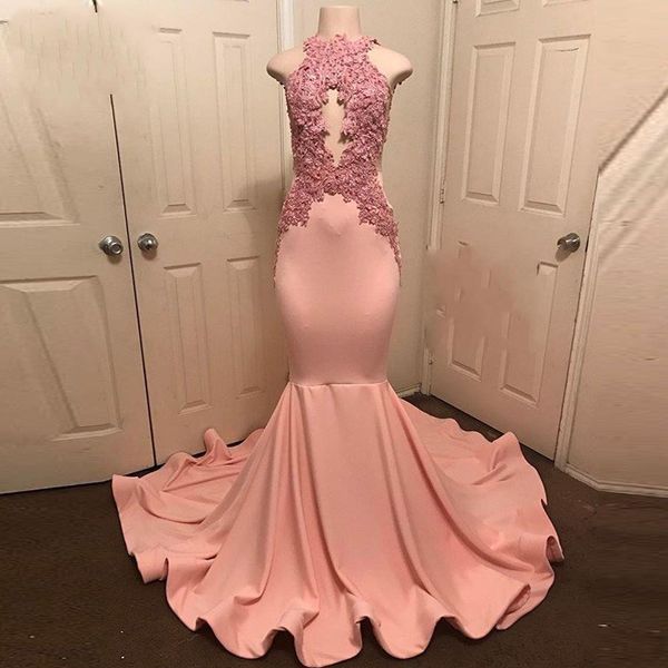 Abiye pêche-rose sirène robes de bal licou cou sans manches Robe De soirée robe de soirée dentelle Appliques longue robe de bal 2018 robe formelle