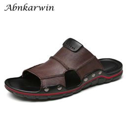 Abnkarwin Brand Zomerleren dia's plat voor mannen Slippels Casual Black Palm Slide Slipper Outdoor Nieuw 2024 Big Size 49