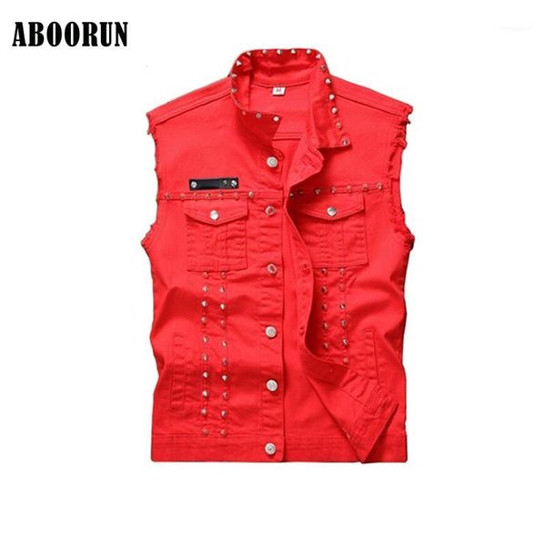 Chalecos para hombre ABOORUN 2021, chaleco vaquero con remaches para hombre, estilo Punk, negro, rojo, ajustado, sin mangas, chaquetas para hombre1