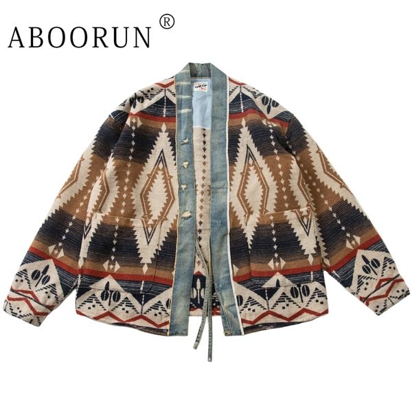 Aboorun Men Retro Cardigan Robe National National Denim Patches Jackets Streetwear Coat For Homme 240311