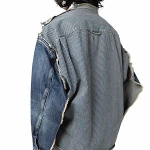 Aboorun hommes Fi Patchwork coupe rayé Denim vestes Hip Hop Streetwear manteaux surdimensionnés pour homme H9F3 #