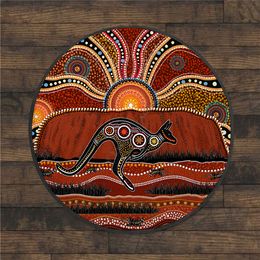 Canguro aborigen corriendo lagarto australia arte círculo alfombra no deslizante alfombra de comedor alfombra de dormitorio suave