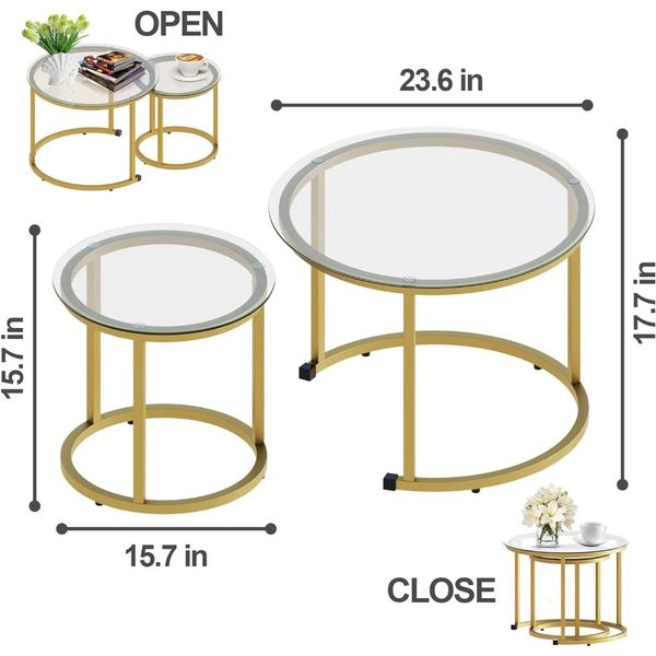 Aboxoo Gold Nesting Table Basse ensemble de 2, petites tables de nidification en verre pour chambre de salon, table de thé à l'accent avec cadre en métal