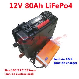 Boîtier ABS 12V 80Ah LiFepo4 batterie au lithium avec BMS rechargeable pour feu de navigation onduleur système solaire + chargeur 14.6v 10A