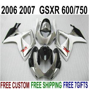 ABS Motorfiets Fairing Kit voor Suzuki GSXR600 GSXR750 06 07 K6 GSXR 600/750 2006 2007 Silver Black Backings Set V10F