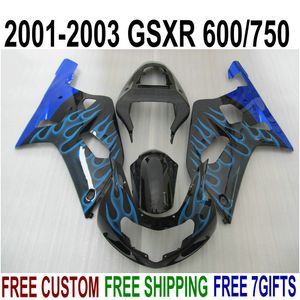 ABS Plastic Fairing Kit voor Suzuki GSX-R600 GSX-R750 2001-2003 K1 GSXR 600 750 Blue Flames in Black New Backings Set 01-03 EF14