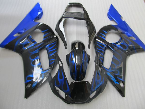 Kit de carenado de plástico ABS para Yamaha YZF R6 98 99 00 01 02 juego de carenados de llamas azules y negras YZFR6 1998-2002 OT20