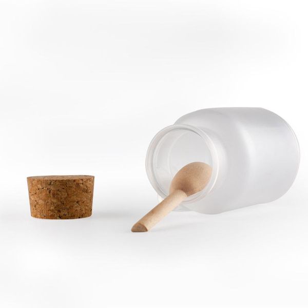 Bouteilles de sel de bain rondes en ABS 100g 200g contenants en plastique en poudre avec pot en liège avec bouteille d'emballage en cuillère en bois 100pcs / lot