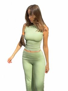 Absobe Open Back Crop Tank Top Fold Over Flare Pants Set Mujeres Solid Crew Chaleco Low Rise Pantalones Slim Outfit Hottie Traje de ocio C3Qn #