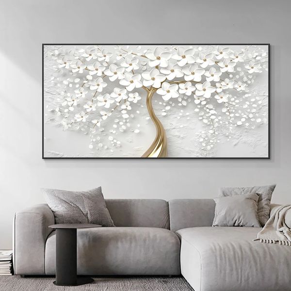 Résumé Toile de fleurs blanches 3D peinture des affiches et imprimés nordiques modernes Image d'art mural pour le salon décor de la maison 240415