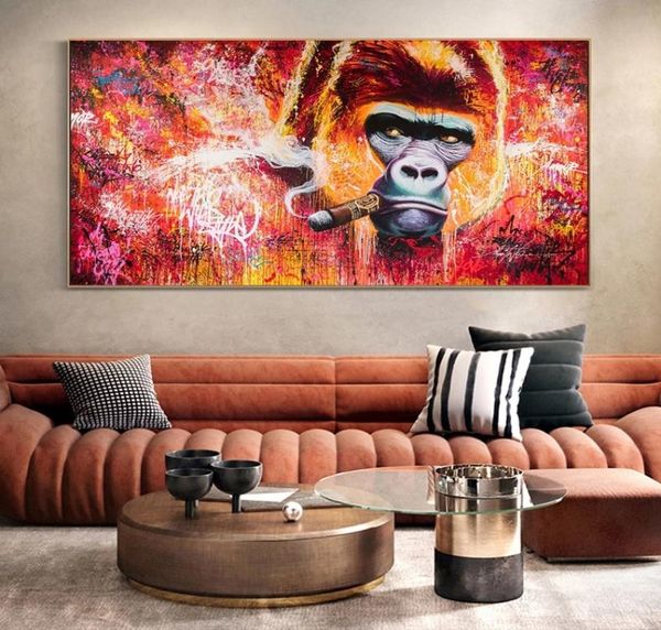 Animal abstracto gorila fumando cigarro lienzo pintura carteles e impresiones arte de pared imagen para sala de estar decoración del hogar Cuadros5419834