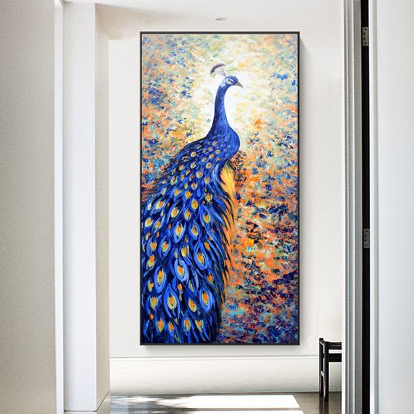 Pintura al óleo de animales abstractos, carteles artísticos de pared e impresiones en lienzo, hermosas imágenes de pavo real para decoración para sala de estar, sin marco