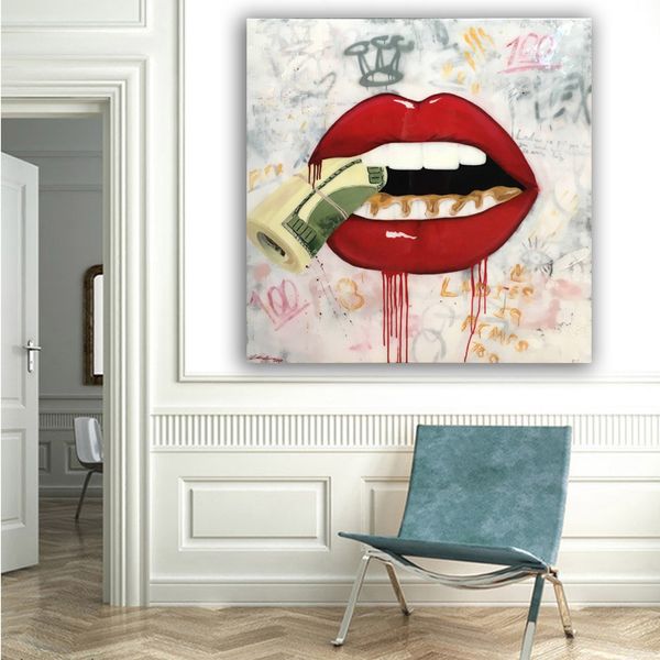 Abstrakte Kunst Sexy Rote Lippen Mit Geld Leinwand Malerei Wand Poster und Drucke Bilder Für Wohnzimmer Leinwand Drucke Cuadros