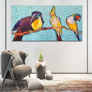 Arte abstracto, tres búhos coloridos, impresiones en lienzo, pájaros modernos, pintura de animales, arte de pared para sala de estar sin marco