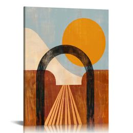 Abstract Art Wall Art Imprimé sur toile Peinture Iffresque encadrée pour chambre à coucher salon salon Bureau Bureau Home Decor Sun Arch Brown Geométrie Style médiéval