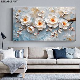 Texturas de obras de arte abstractas flores blancas en lienzo, póster, decoración moderna de la sala de pintura impresa, imagen de arte de pared cuadros sin marco