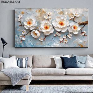 Abstract kunstwerk texturen witte bloemen op canvas, poster, moderne print schilderkamer decor, muur kunst foto cuadros niet ingelijst