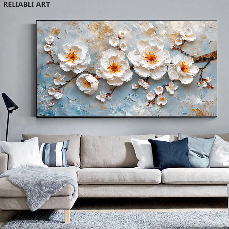 Abstract Artwork Textures White Flowers On Canvas,Poster,Modern Print Painting Room Decor,Wall Art Picture Cuadros Unframed