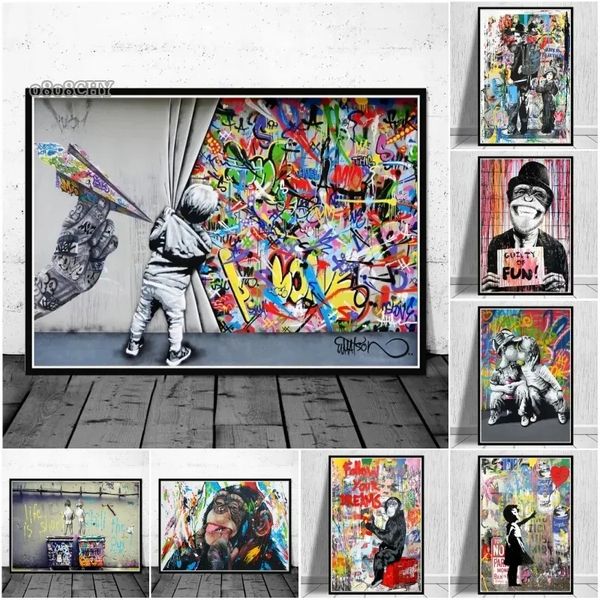 Résumé Banksy Graffiti Affiches Mur Image Funny Monkey Street Canvas Peinture murale Affiches d'art pour garçons Bar Bar Bar Decor No Frame Wo6