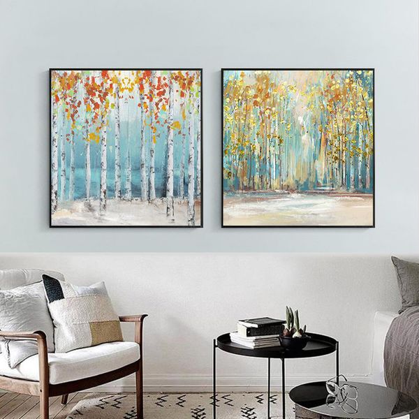 Pintura abstracta en lienzo de árboles de abedul con lámina dorada, carteles nórdicos e impresiones, imagen artística de pared para decoración del hogar y sala de estar