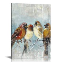 Résumé Art mural toile des oiseaux: oiseaux colorés sur fil de fil Peinture du moineau pour le salon