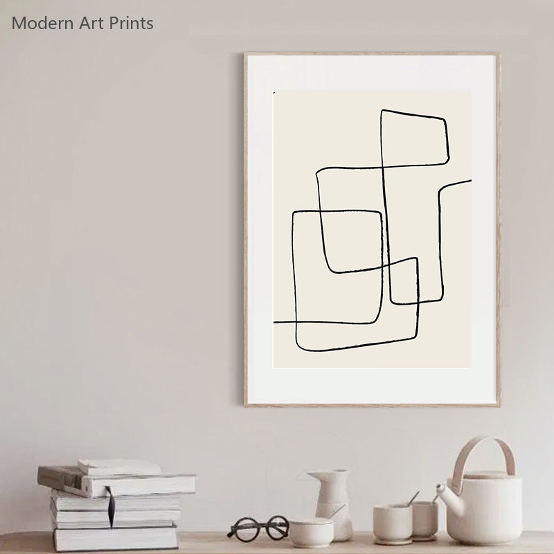 Abstract Black and White Lines Ink White Decorative Art Painting Picture Simple Modern Minimalist Style Poster Living Room Decor