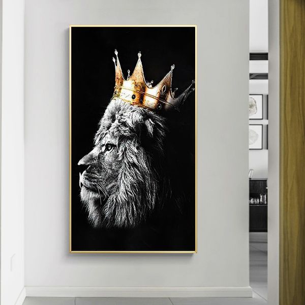 Pósteres e impresiones de corona con león blanco y negro abstracto, pintura en lienzo de animales, arte de pared para decoración de sala de estar